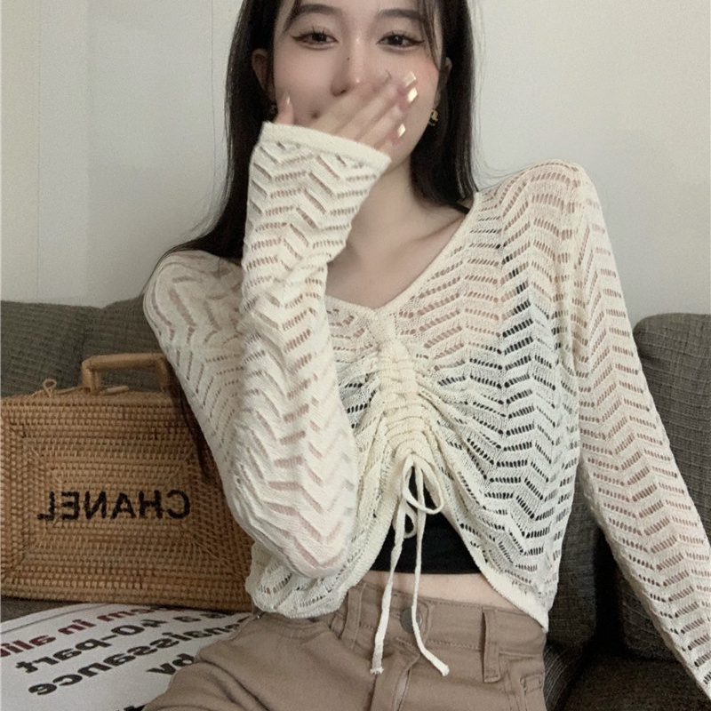 SUXI Áo Dệt Kim Tay Dài Cổ Chữ V Phối Dây Rút Màu Sắc Trơn Phong Cách Hàn Quốc Dành Cho Nữ