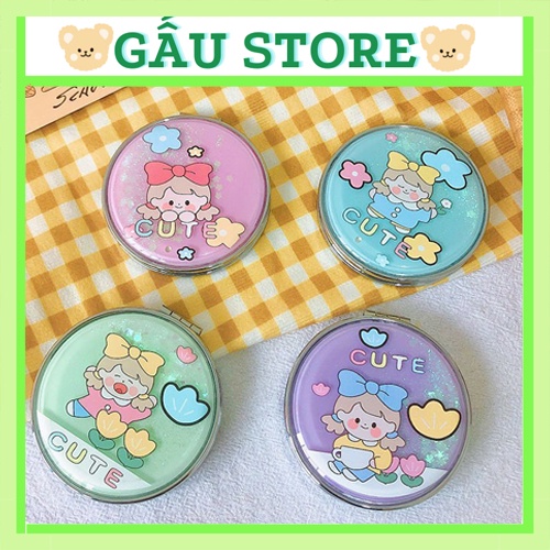 Gương trang điểm mini cầm tay 2 mặt gấp gọn có nhũ lấp lánh xinh xắn