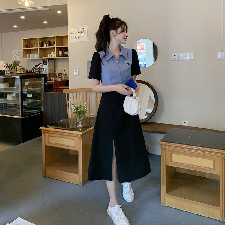 Đầm Ngắn Tay Cổ Bẻ Xẻ Tà Eo Hẹp Màu Tương Phản Phong Cách Mới Cho Nữ