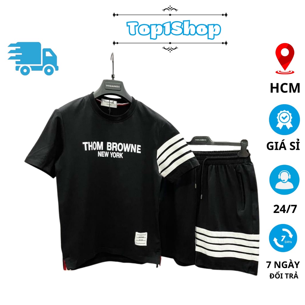 Set Bộ Thể Thao Nam Nữ THOM BROWNE - Áo Thun Tay Lỡ Unisex Form Rộng