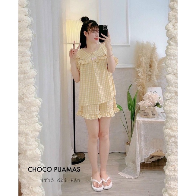 Bộ pijama mặc nhà dáng babydoll hoạ tiết kẻ ô, Đồ ngủ xinh sọc caro vải đũi lụa siêu mát