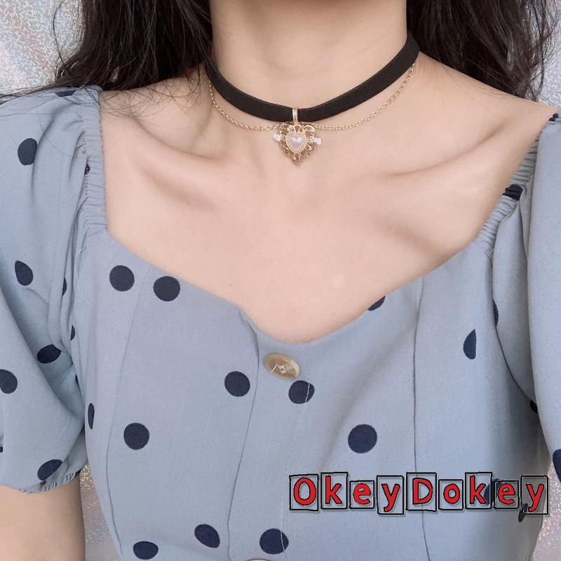 Vòng cổ dây nhung mặt trái tim vàng đính ngọc trai cổ điển có thể điều chỉnh dành cho nữ