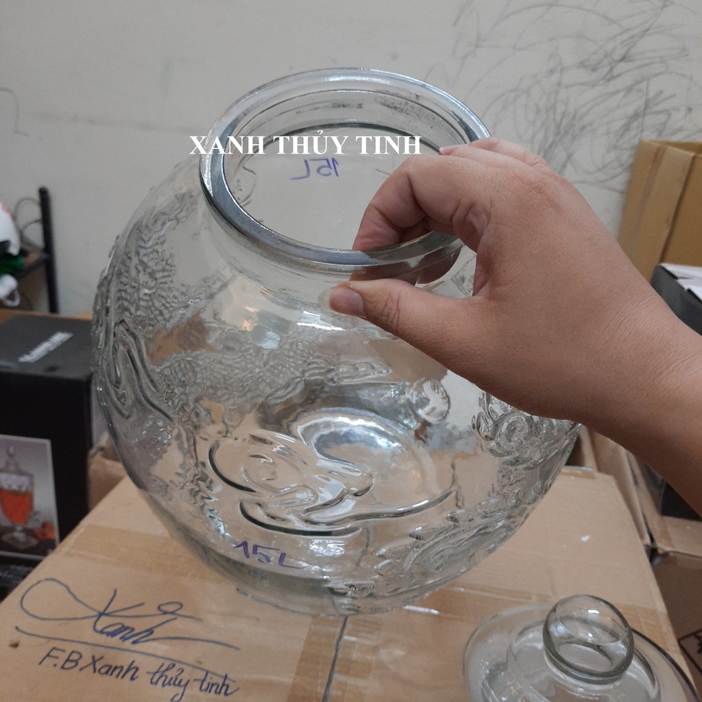 Chum thủy tinh họa tiết rồng phượng, dày dặn - Dung tích - 15 lít