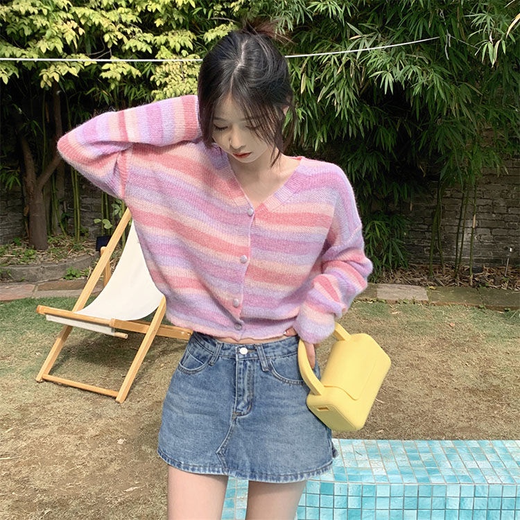 Áo Khoác Cardigan Dệt Kim Cổ Chữ V Tay Dài Dáng Rộng Kẻ Sọc Cầu Vồng Xinh Xắn Cho Nữ