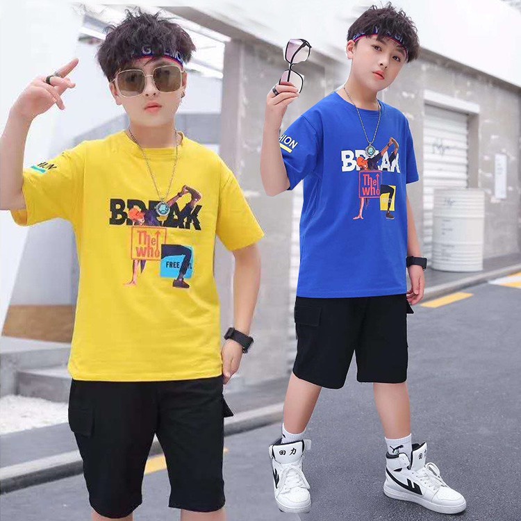 Bộ quần áo thun hè "BREAK" 20-50kg cho bé trai 4-14 tuổi. Thoáng mát. Thấm hút mồ hôi. Hàng may kỹ. B14