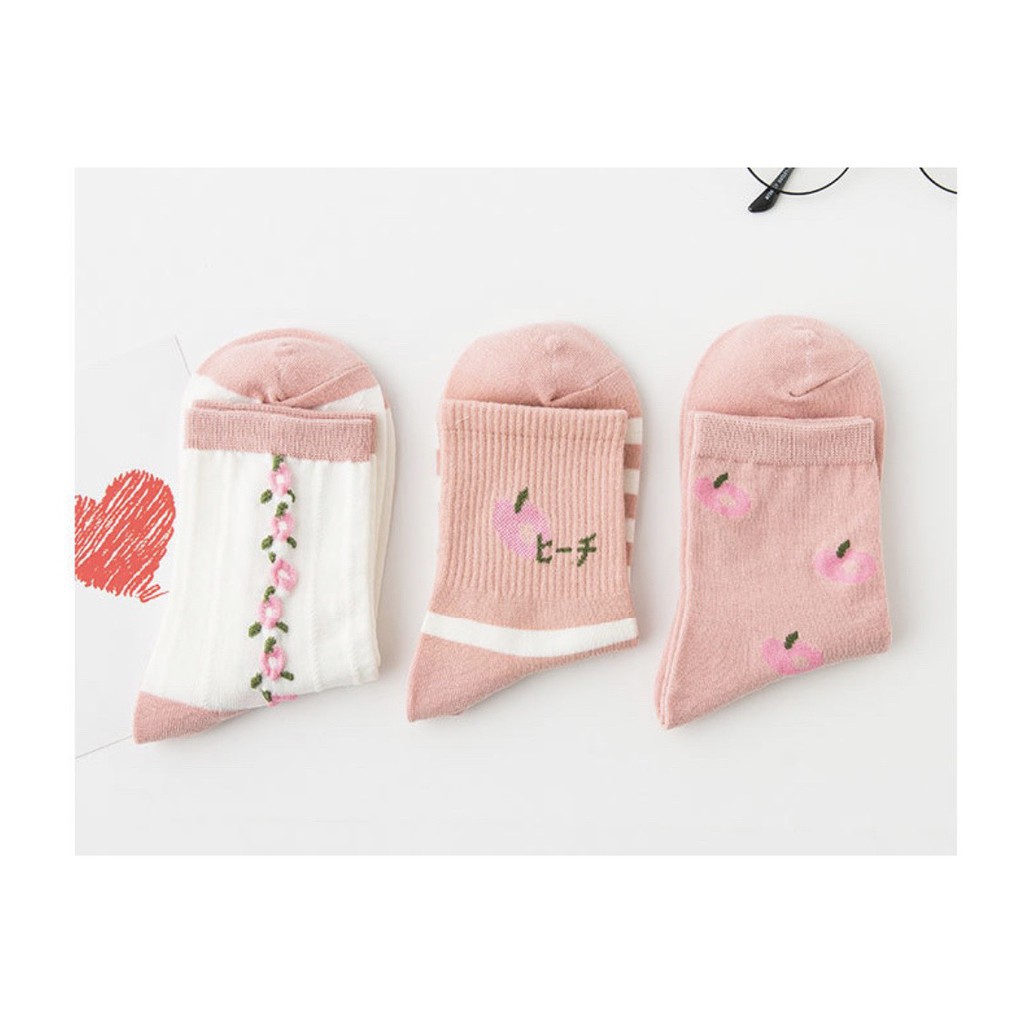 Set 3 đôi tất cổ cao Bivota vớ nữ hình quả đào hồng vintage cực xinh xắn T94
