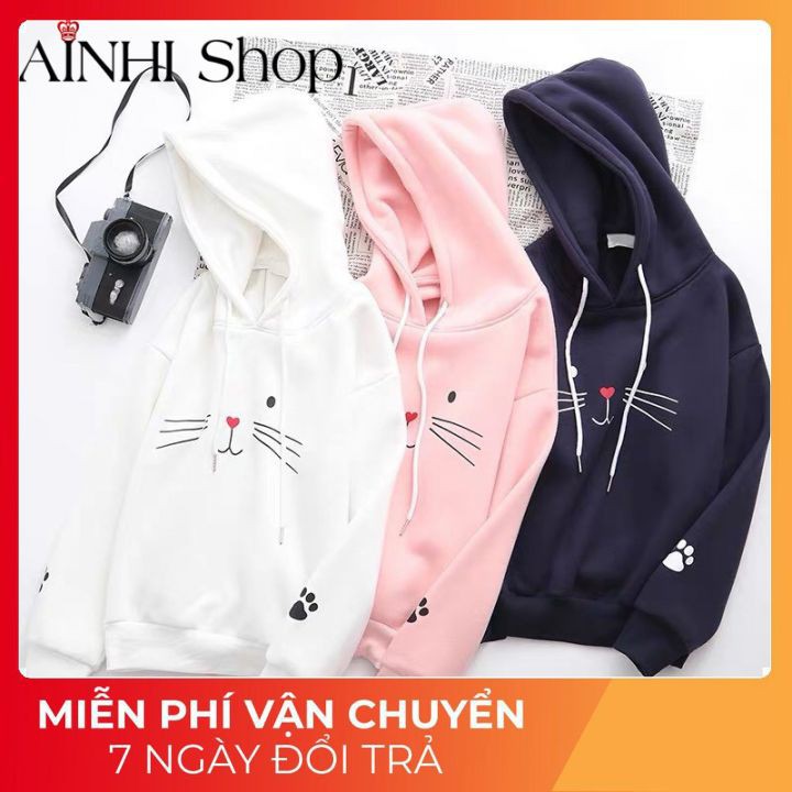 Áo Hoodie Nữ ❤️FREESHIP❤️ Áo Hoodie Nhiều Màu Vải Nỉ Poly In Mặt Mèo Cute - Hoodies Nón Nữ Áo Hoodie Free Size Dưới 60kg