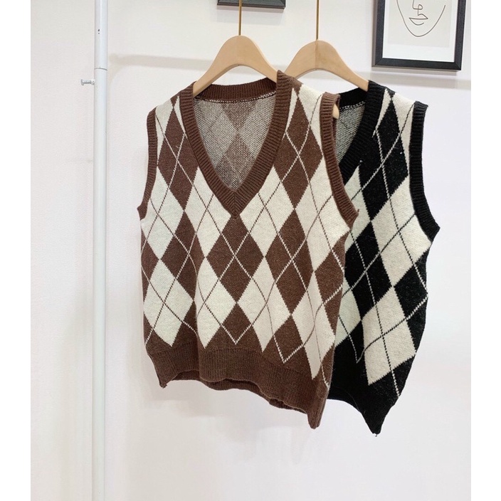 Áo gile len nữ ulzzang họa tiết ô trám chất len dệt kim đẹp áo len không tay cá tính - AL12 (sẵn) | BigBuy360 - bigbuy360.vn