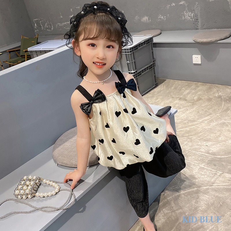 Bộ Áo Đính Nơ Đen + Quần Ống Rộng Thời Trang Mùa Hè Hàn Quốc Cho Bé Gái