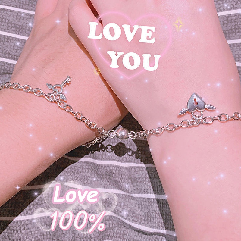 Vòng tay mặt 17KM ổ khóa trái tim và chìa khóa hít nam châm màu bạc kiểu vintage dễ thương