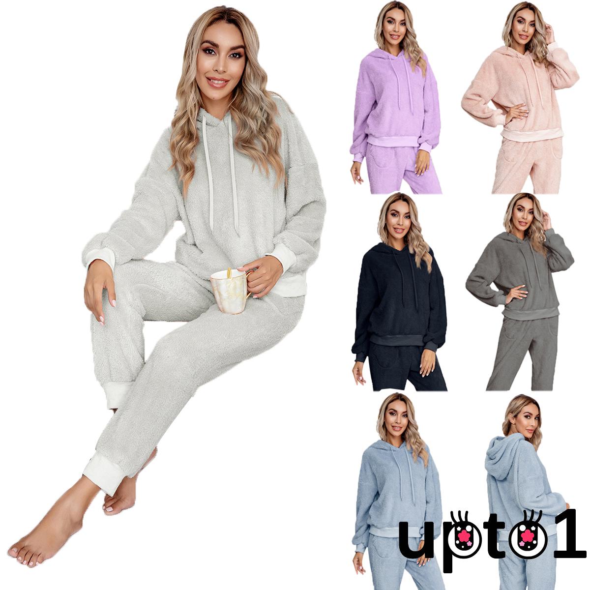 Bộ Đồ 2 Món Áo Hoodie Tay Dài Vải Lông Cừu Hai Mặt Phối Quần Dài Giữ Ấm Mùa Đông Cho Nữ