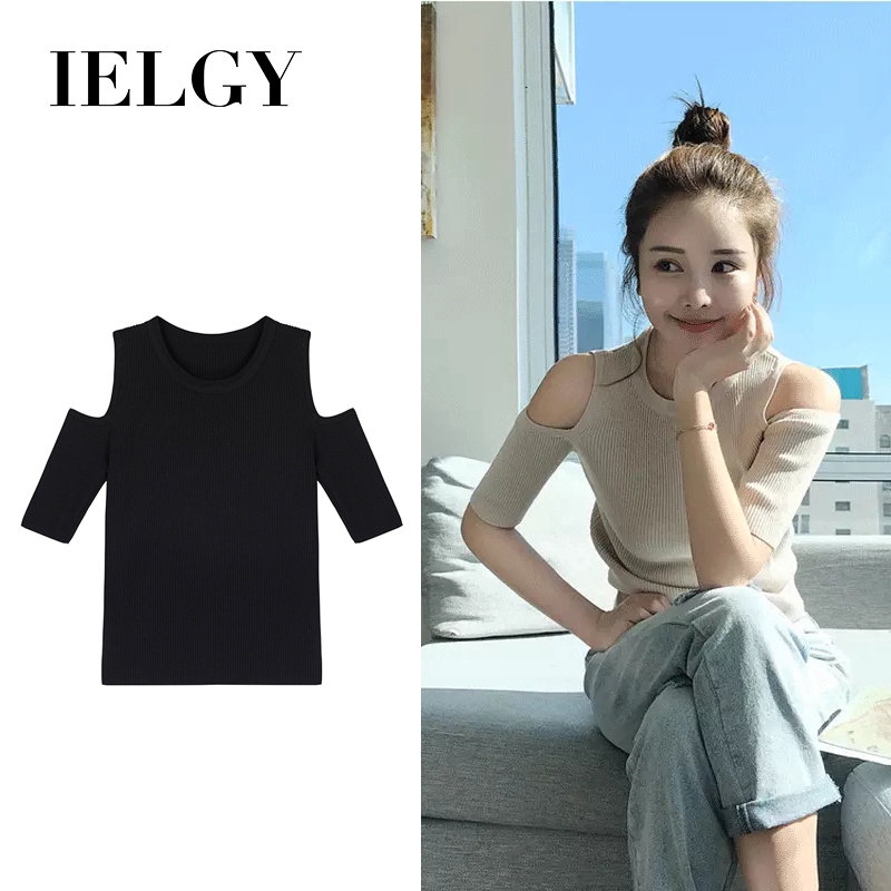 Áo dệt kim IELGY tay ngắn hở vai eo cao hợp thời trang