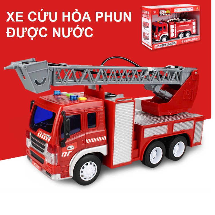 Đồ chơi ô tô Xe cứu hỏa phun được nước mô hình tỉ lệ 1:16 có âm thanh và đèn