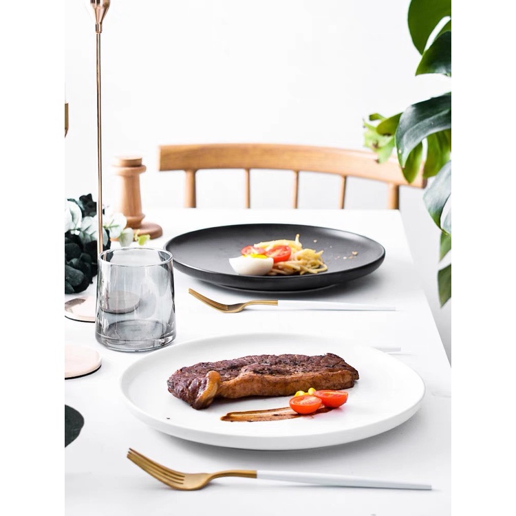Đĩa tròn phẳng trắng/đen men mờ phong cách Bắc Âu - Sứ cao cấp, đĩa nhà hàng xuất Âu