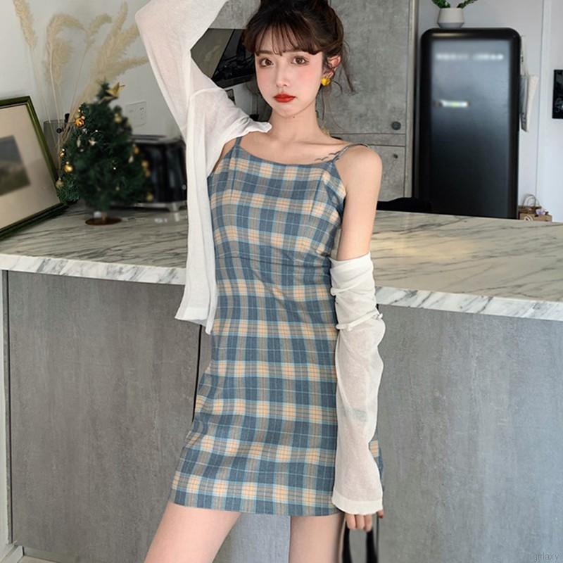 Đầm Hai Dây Họa Tiết Sọc Caro Phong Cách Retro Hàn Quốc