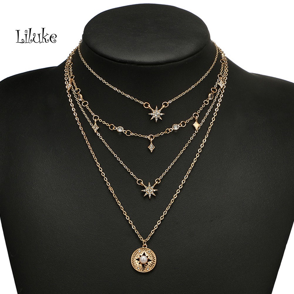 Vòng cổ Nhiều Lớp Đính Ngọc Trai Và Ngôi Sao Phong Cách Boho Cho Nữ