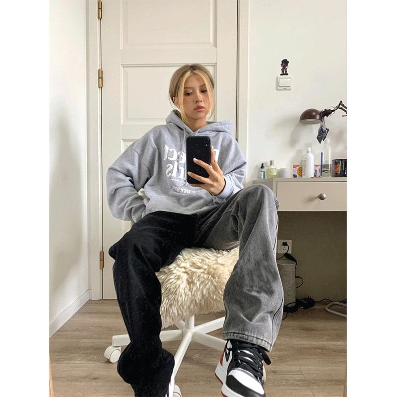 Quần Jeans Dài Lưng Cao Dáng Rộng Màu Sắc Tương Phản Phong Cách Âu Mỹ Thời Trang Cho Nữ