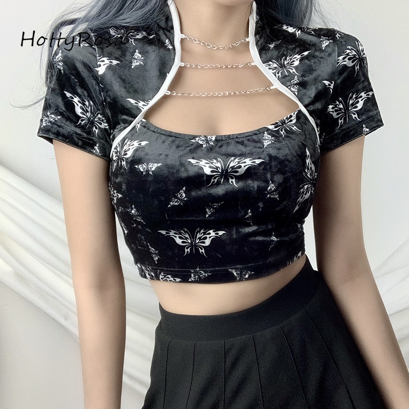Áo Thun Sườn Xám Cách Tân Tay Lỡ In Hình Bướm Cho Nữ