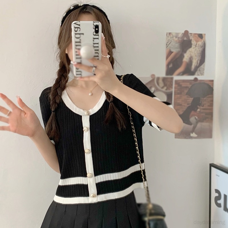 Áo Croptop Dệt Kim Cổ Tròn Màu Tương Phản Thời Trang Mùa Hè Cho Nữ