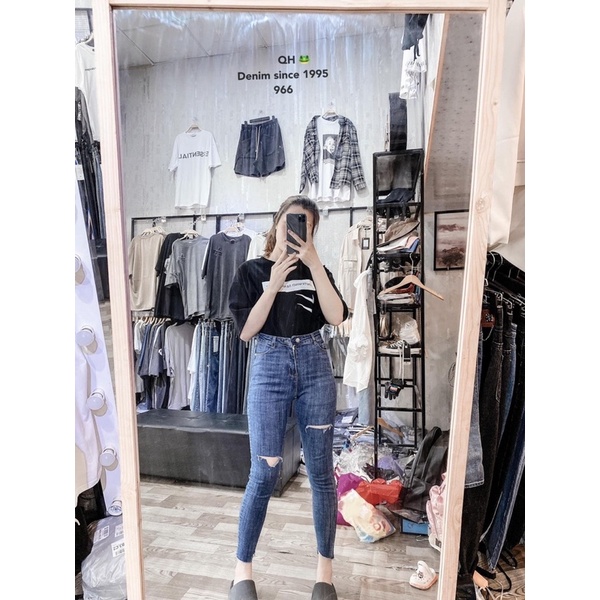 Quần jean nữ ôm cạp cao rách đùi siêu dãn ạ