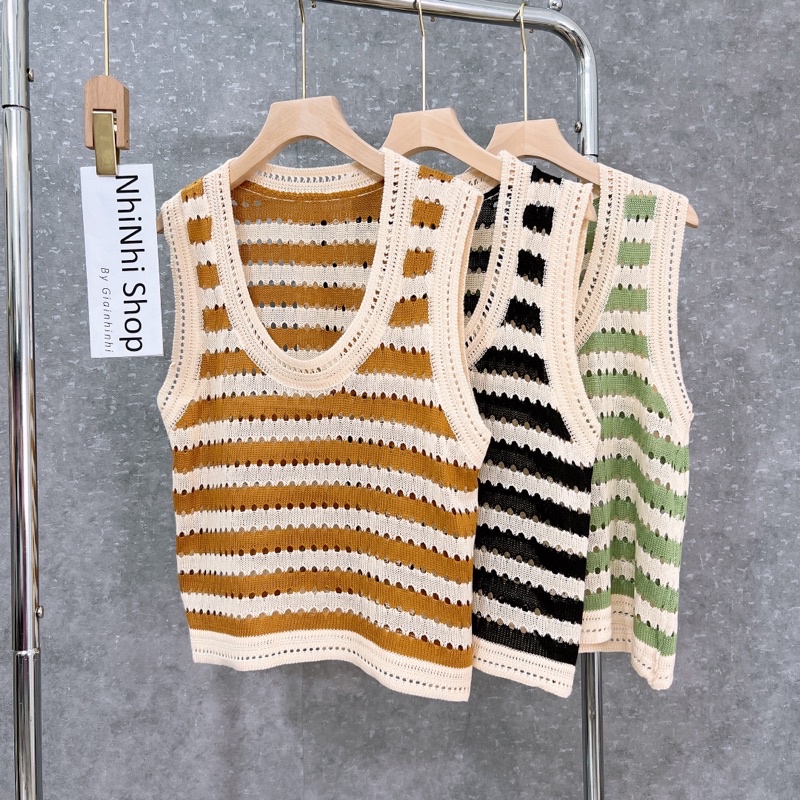 Áo len mỏng sọc ngang ba lỗ form rộng, Áo kiểu sát nách len AL7015 - NhiNhi Shop