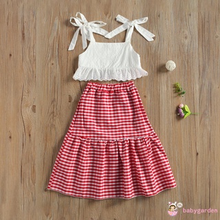 Áo Crop Top 2 Dây Và Chân Váy Sọc Ca Rô Cho Bé Gái