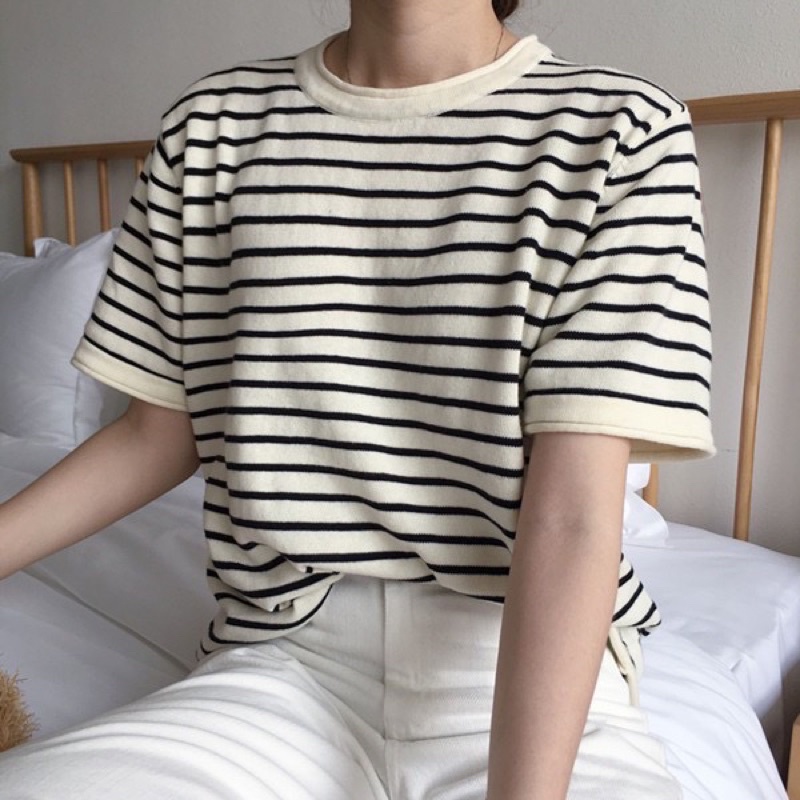 Áo kiểu tay ngắn nữ kẻ sọc trắng đen Vintage phong cách Pháp cổ điển