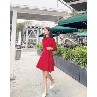 váy đỏ cổ viền khuy bọc (v4017)