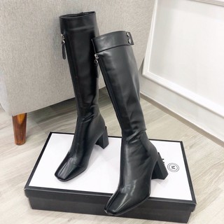 Boot đùi da lì khoá trước gót trụ