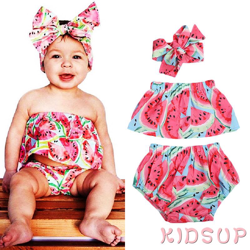 Set đồ bơi 2 mảnh + băng đô nơ họa tiết dưa hấu dễ thương cho bé gái