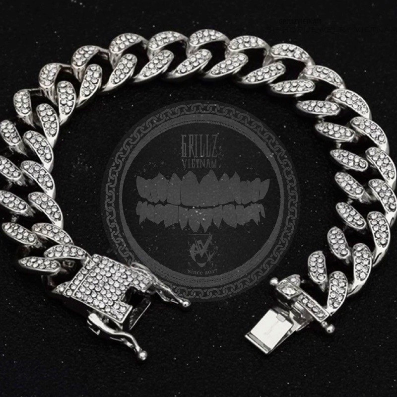 lắc tay CUBAN KIM TITAN HIPHOP BRACELET CUBAN MIAMI 12”MM ĐÍNH ĐÁ LẤP LÁNH BRASS RHINESTONE