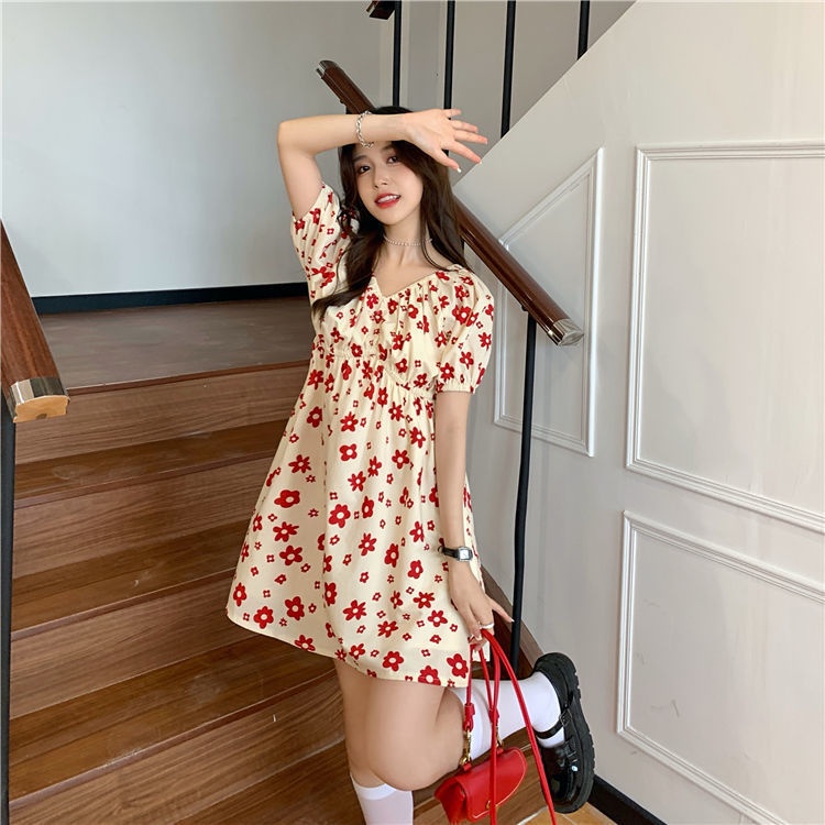 Đầm Búp Bê Tay Phồng Họa Tiết Hoa Màu Đỏ Phong Cách retro Pháp Thời Trang Mùa Hè Cho Nữ
