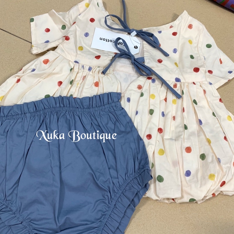 Set Váy Tiểu thư Chấm bi kèm quần SOFT COTTON Cao Cấp 2022 Áo váy cộc tay Mùa Hè Cho Bé Gái