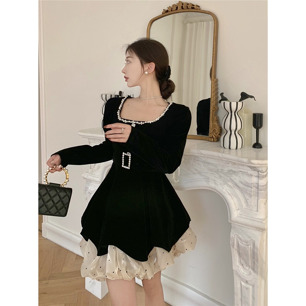 Váy nhung dài tay của nữ phong cách mùa thu kiểu Pháp hàng Quảng Châu cao cấp