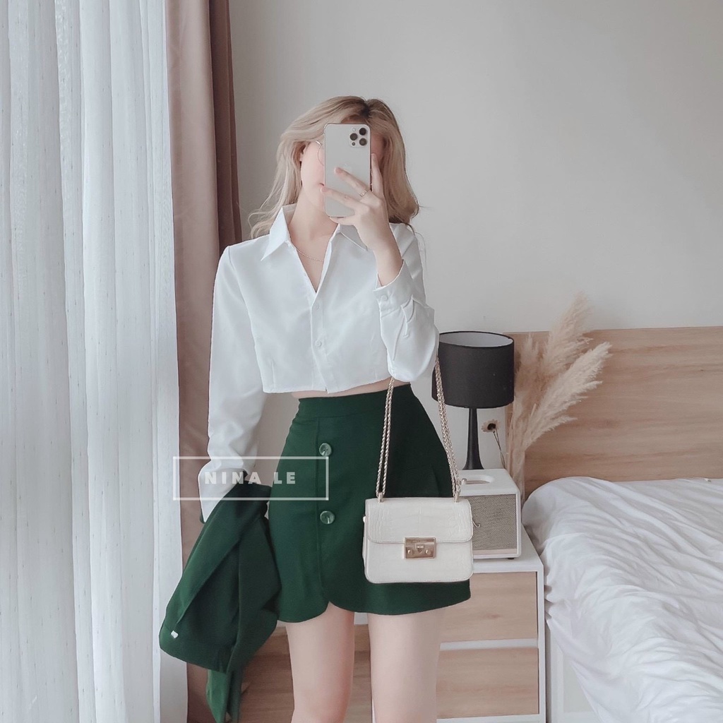 Sét 3 món nữ áo khoác vét tay dài, áo sơ mi croptop phối chân váy ngắn mini