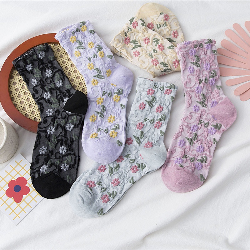 Vớ WAFNHA D243 ống cao vừa in hoa phong cách Hàn Quốc mới cho nữ