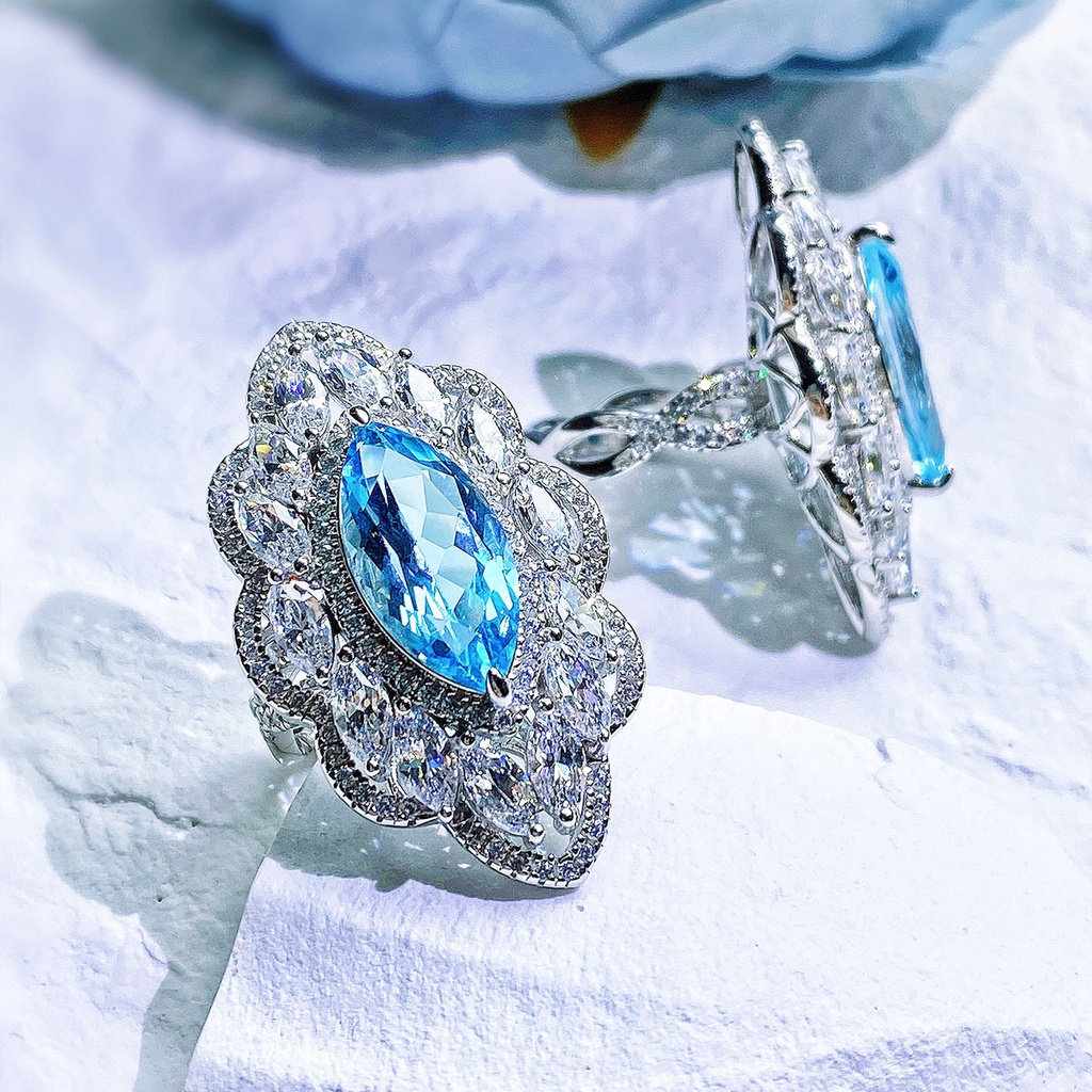 Dây chuyền Sapphire Topaz carbon kim cương cao màu xanh navy hình mắt ngựa cao cấp