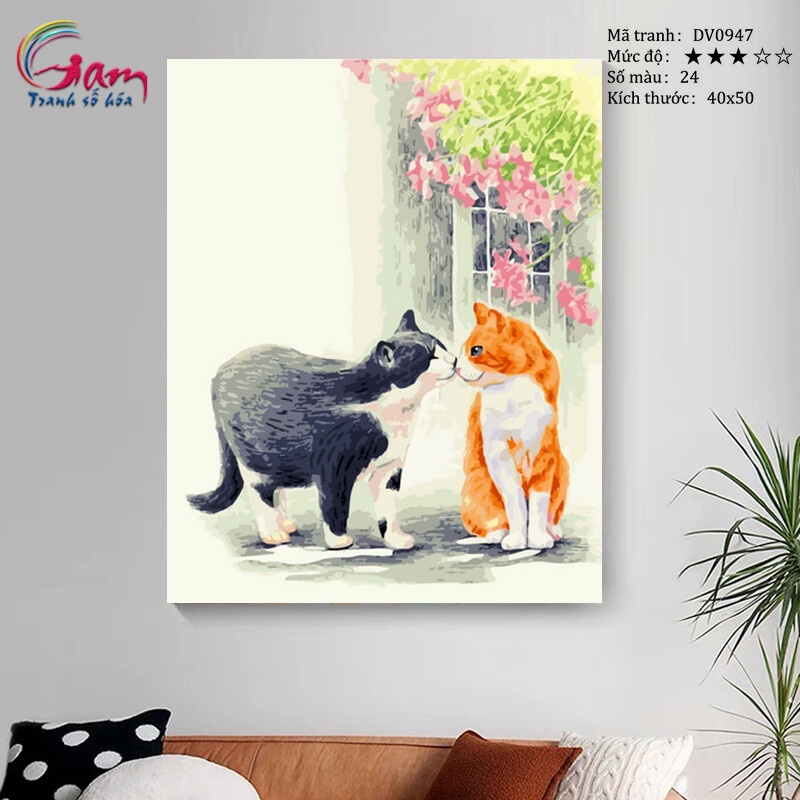 Tranh tô màu theo số sơn dầu số hóa Gam Tranh đôi mèo Mèo đen và mèo vàng DV0947
