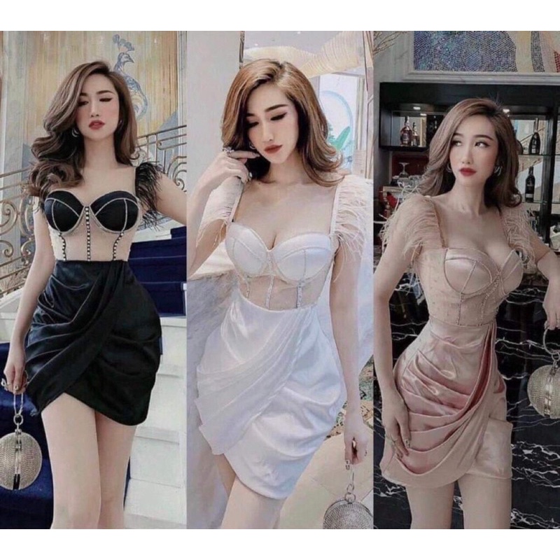TRIPBLE T DRESS - Đầm body form ngắn mini cúp bra phối lông tua rua gợi cảm - size M/L -MS374V