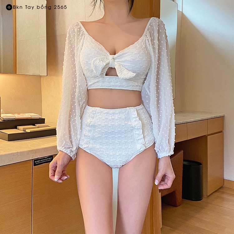 Bikini 2 Mảnh Tay Bồng VINTAGE Tiểu thư❣️[FREESHIP]❣️ Set đồ bơi 2 mảnh quần cạp cao, tay dài cực xinh