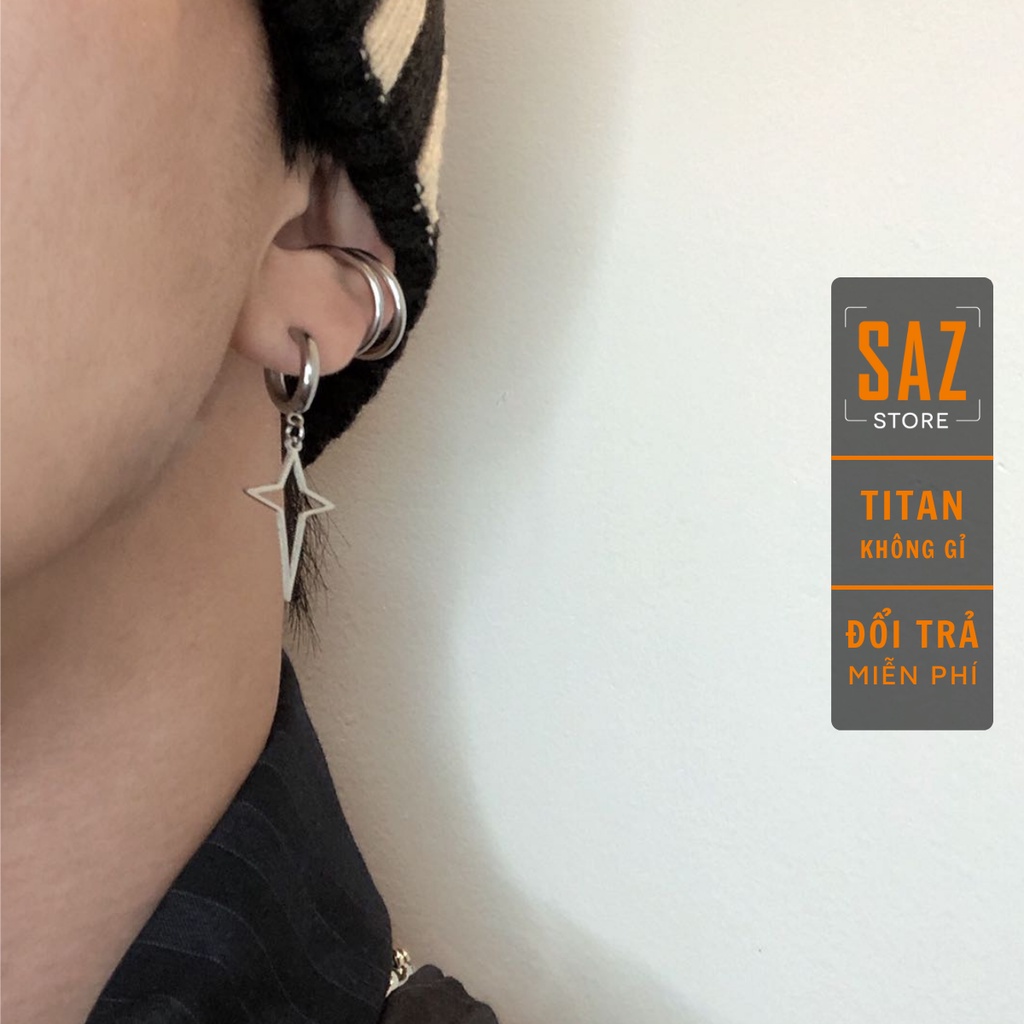 Khuyên Tai Tròn Hình Ngôi Sao Unisex Gre Earing Màu Bạc Đẹp Cá Tính Chất - Khuyên Tai Thời Trang SAZ Titan