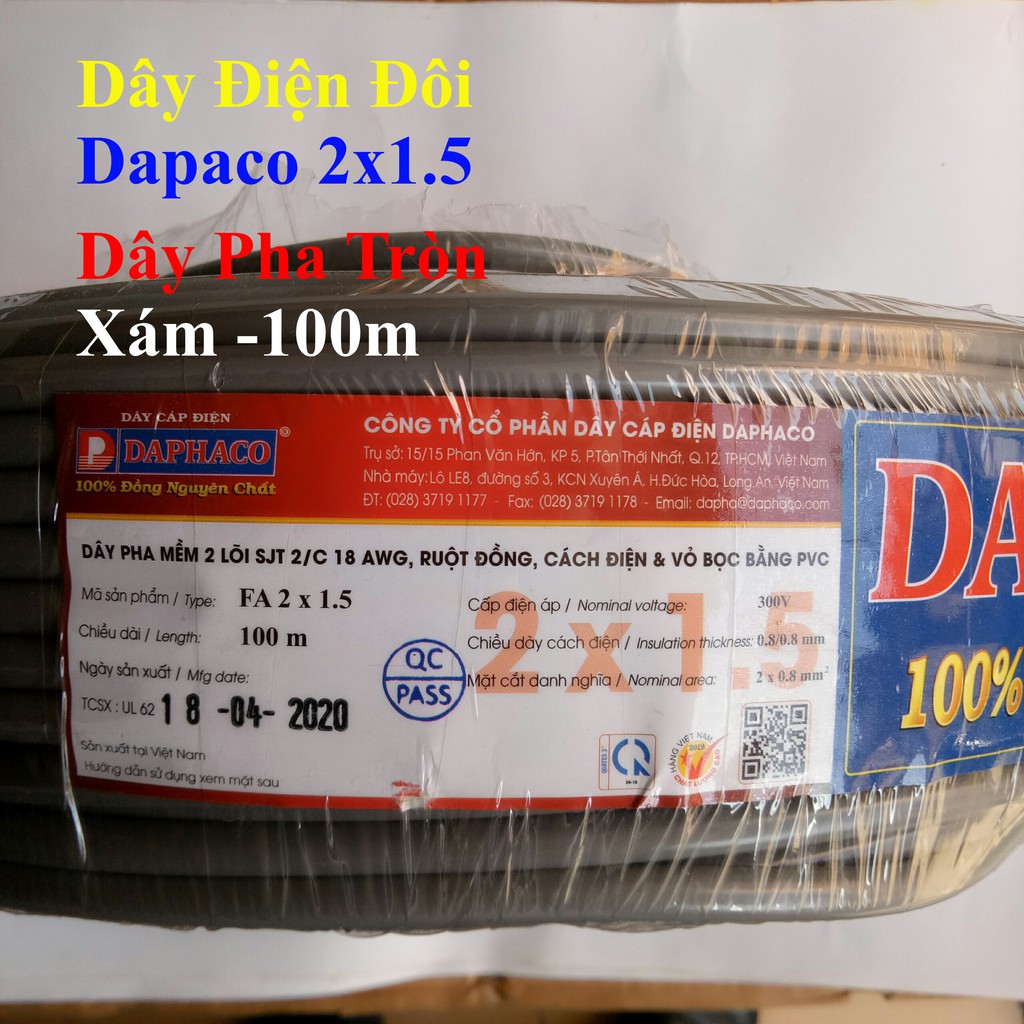 [DAPHACO] Dây Điện Đôi 2x1.5 - Cuộn 100 Mét Dây Pha Tròn Xám 2 Lớp Vỏ Bọc PVC