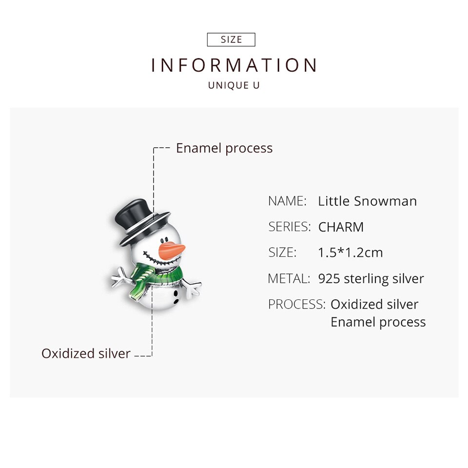 Mặt Trang Sức Vòng Tay bamoer SCC1665 Bằng Bạc 925 Hình Dạng Người Tuyết Giáng Sinh