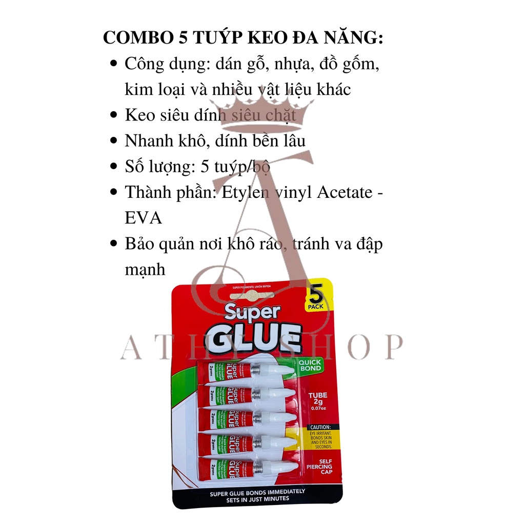 BỘ 5 ỐNG KEO ĐA NĂNG DÁN GỖ NHỰA SẮT KIM LOẠI DÉP, combo 5 tuýp keo siêu dính nhanh khô super glue quick bond