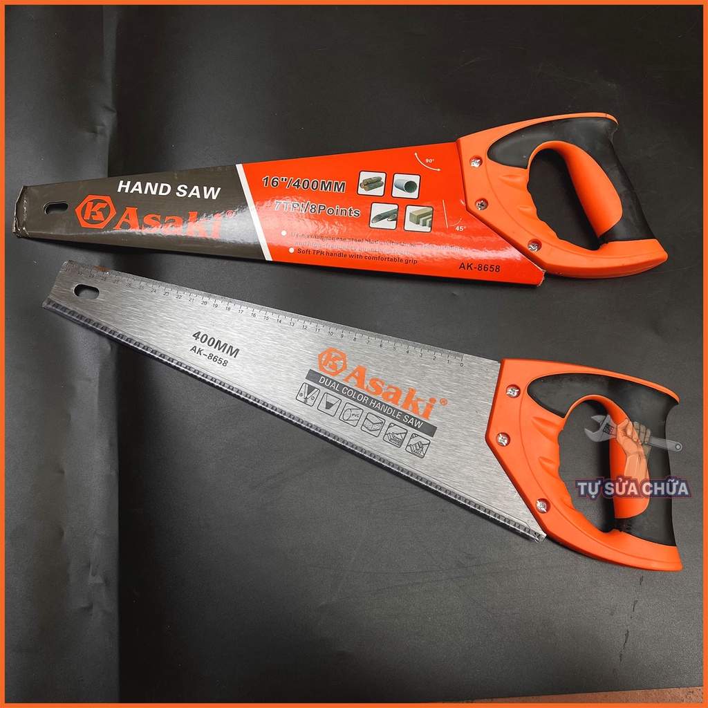 Cưa gỗ cầm tay sắc bén chống trơn trượt 400mm chính hãng Asaki AK-8658 có tích hợp thước chuyên cưa gỗ, ống nhựa, ván ép