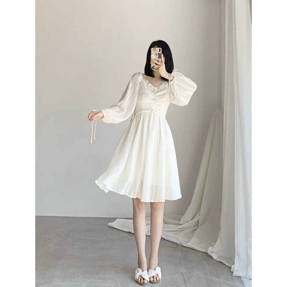 Đầm trắng tiểu thư đài cát tay dài phồng xinh xỉu dáng xòe - Freesize - BomBom shop