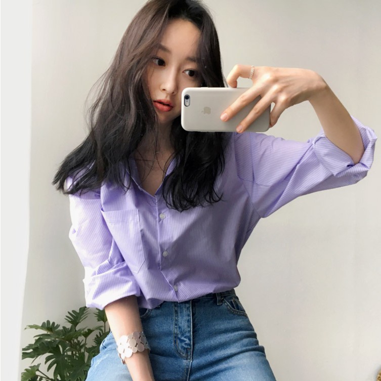 Áo sơ mi nữ SUXI dài tay họa tiết sọc phong cách Hàn Quốc size lớn