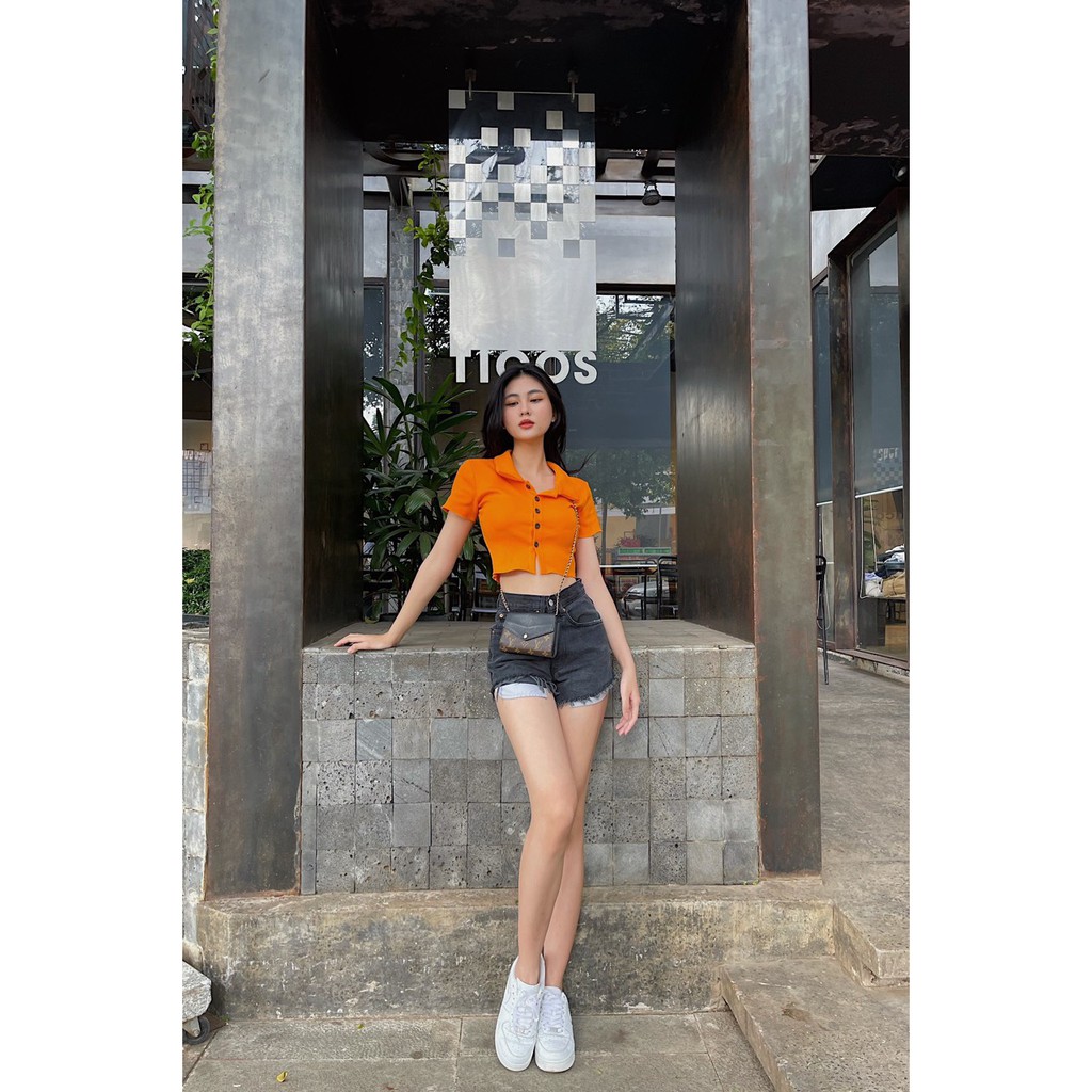 Áo croptop nữ tay ngắn HHVINTAGE kiểu polo nút cài Top A20