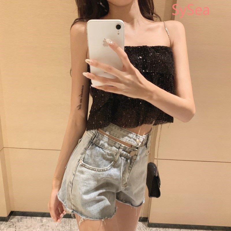Quần Short Denim Lưng Cao Ống Rộng Cho Nữ