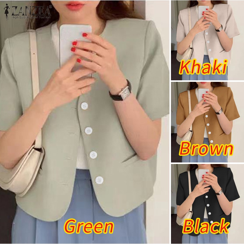 Áo khoác blazer ZANZEA ngắn tay cổ v cài nút thời trang Hàn Quốc cho nữ